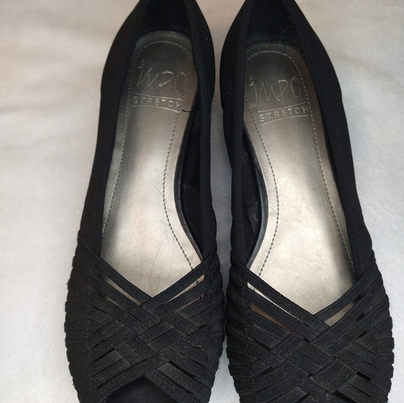 Y2K Impo Stretch Black Slip On Peep Toe Wedge Heeled Shoes - Picture 3 of 6